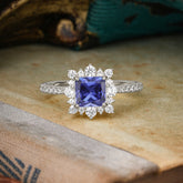 Princess Cut 1.2 Carat Tanzanite Pave Ring Halo Engagement Ring